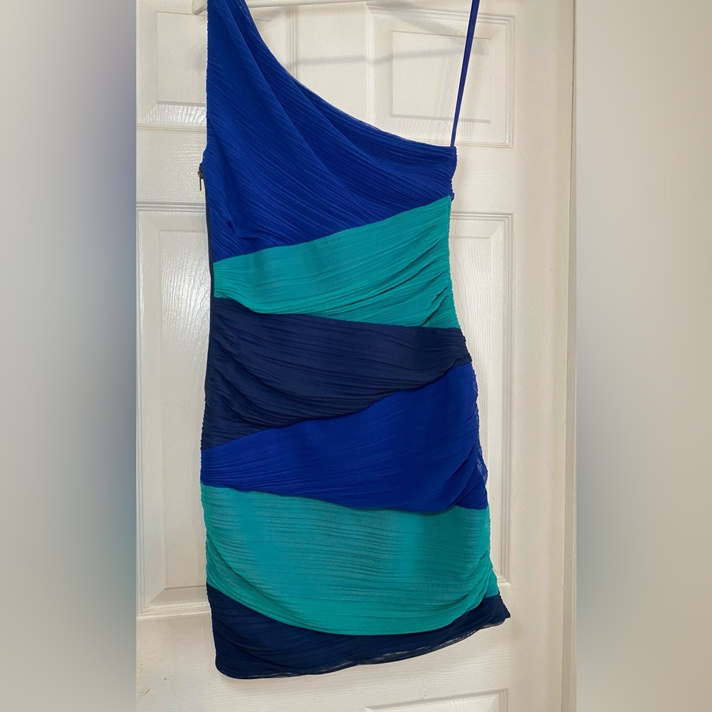 BCBGMaxAzria One-Shoulder Dress in Blue and Green